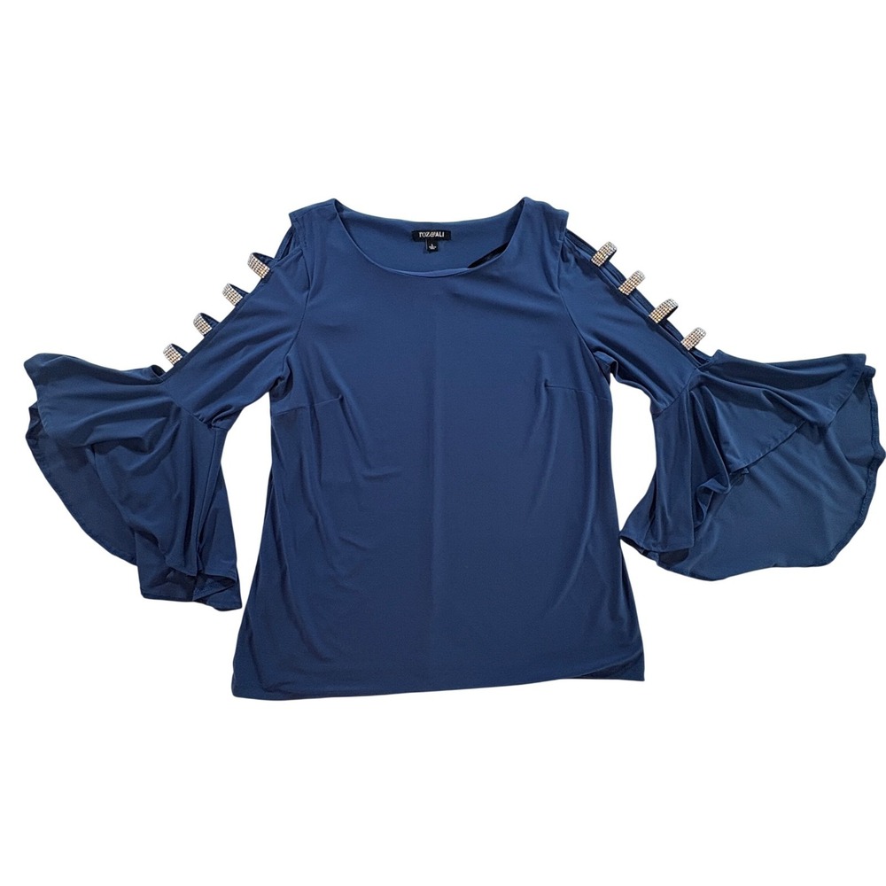 Roz & Ali‎ Cold Shoulder Blouse Womens Large Blue Rhinestone Tiered Bell Sleeve